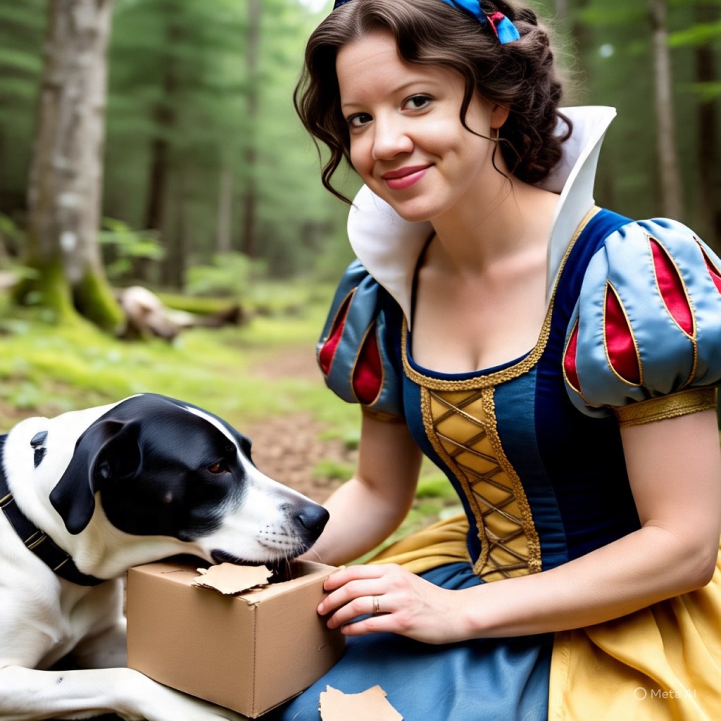 Female lady dressed in Snow White designed fantasy feeds her black and white English pointer a sand which in a beautiful forest with hues of yellow and green.